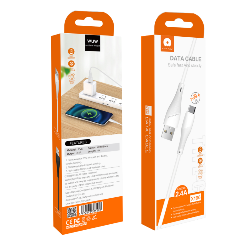 Câble USB / Type-C 2.4A WUW X196 - 1M - Blanc — Accessoire · Smarty Paris 18e